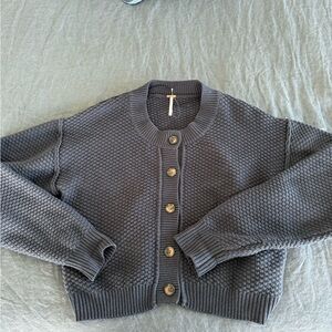 Free People Charcoal Waffle-Knit Button Cardigan